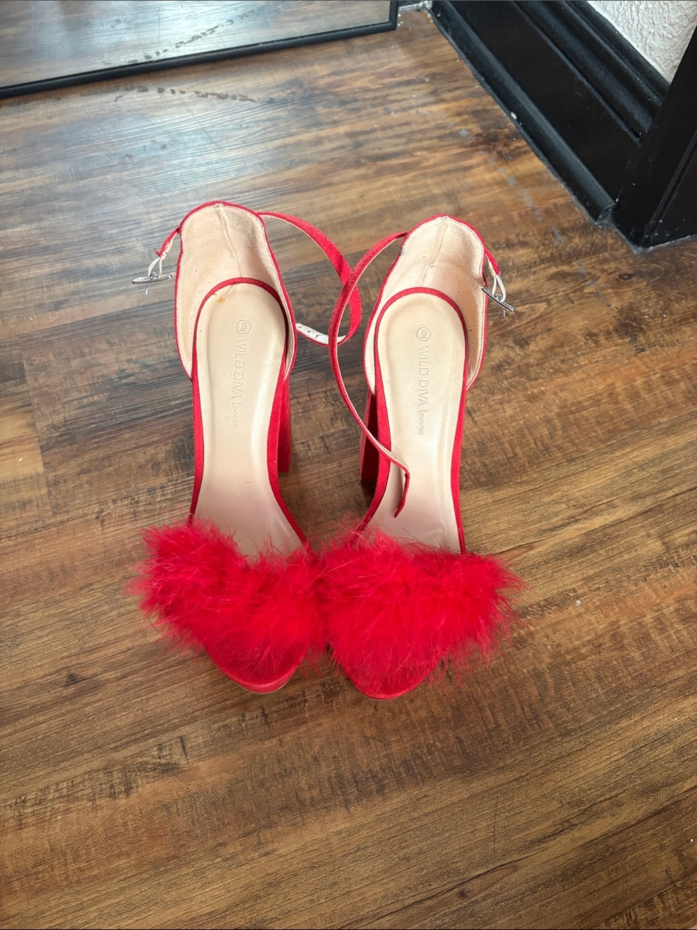 Wild Diva Red Feathered Ankle-Strap Heels